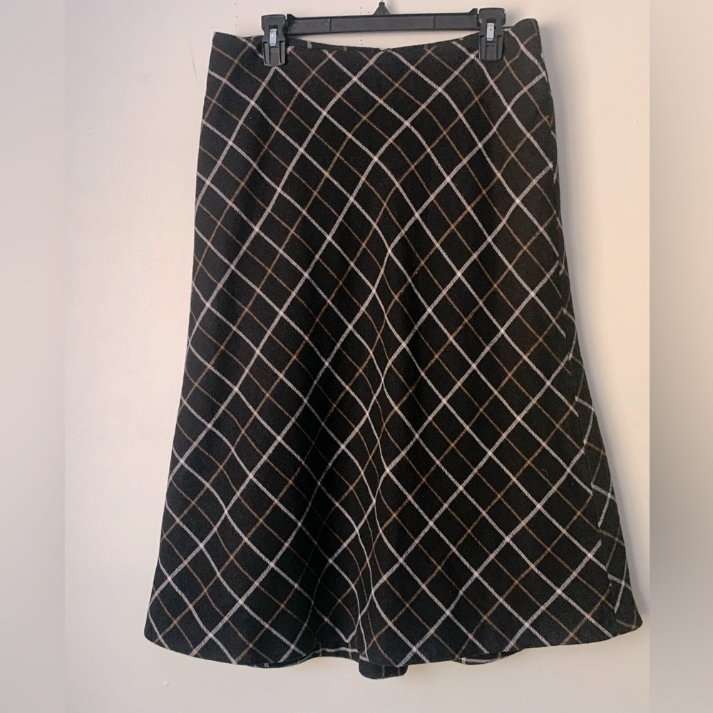 Talbots Wool Blend Modest Maxi Skirt Black with Tan Brown white Plaid size 12p
